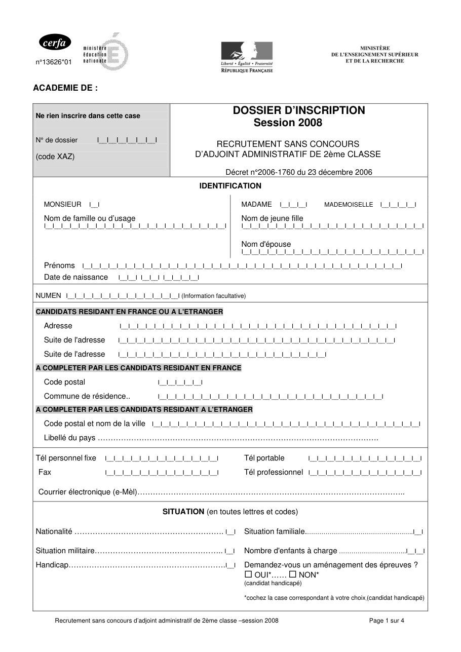 Page 1 du formulaire cerfa 13626 — Dossier d'inscription – Recrutement sans concours d'adjoint administratif de 2e classe