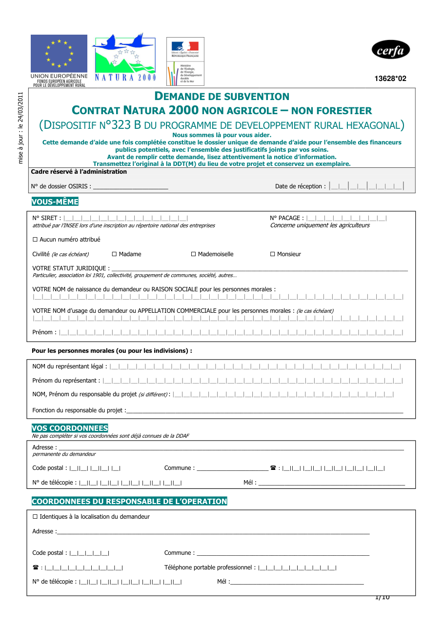 Page 1 du formulaire cerfa 13628 — Demande de subvention – contrat Natura 2000 non agricole non forestier