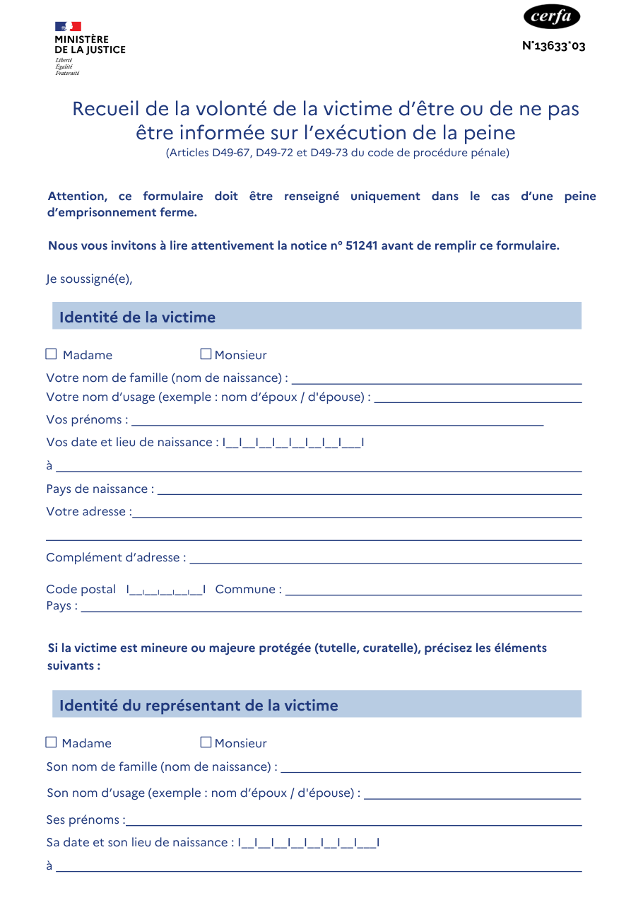 Page 1 du formulaire cerfa 13633 — Recueil de la volonté de la victime d'être ou de ne pas être informée sur l'exécution de la peine