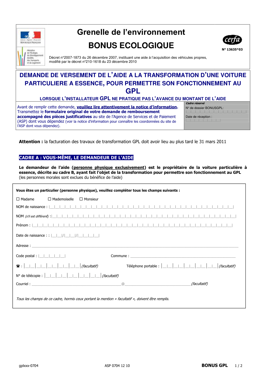Page 1 du formulaire cerfa 13635 — Bonus écologique — demande de versement de l'aide à la transformation d'un véhicule