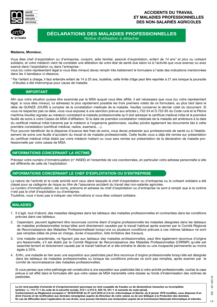 Page 1 du formulaire cerfa 13661 — Déclarations des maladies professionnelles pour non-salariés agricoles