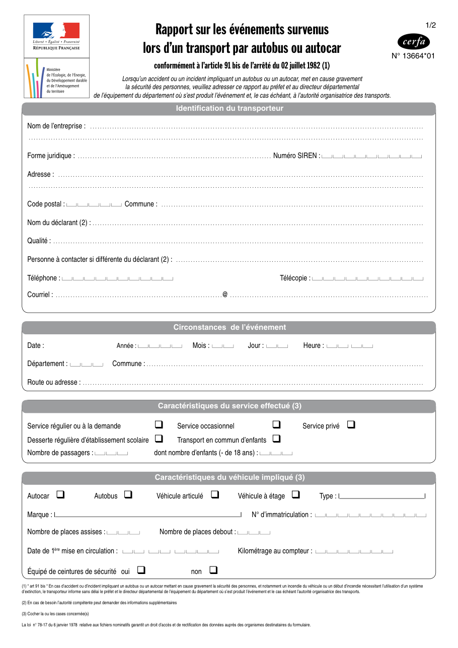Page 1 du formulaire cerfa 13664 — Rapport sur les événements survenus lors d'un transport par autobus ou autocar