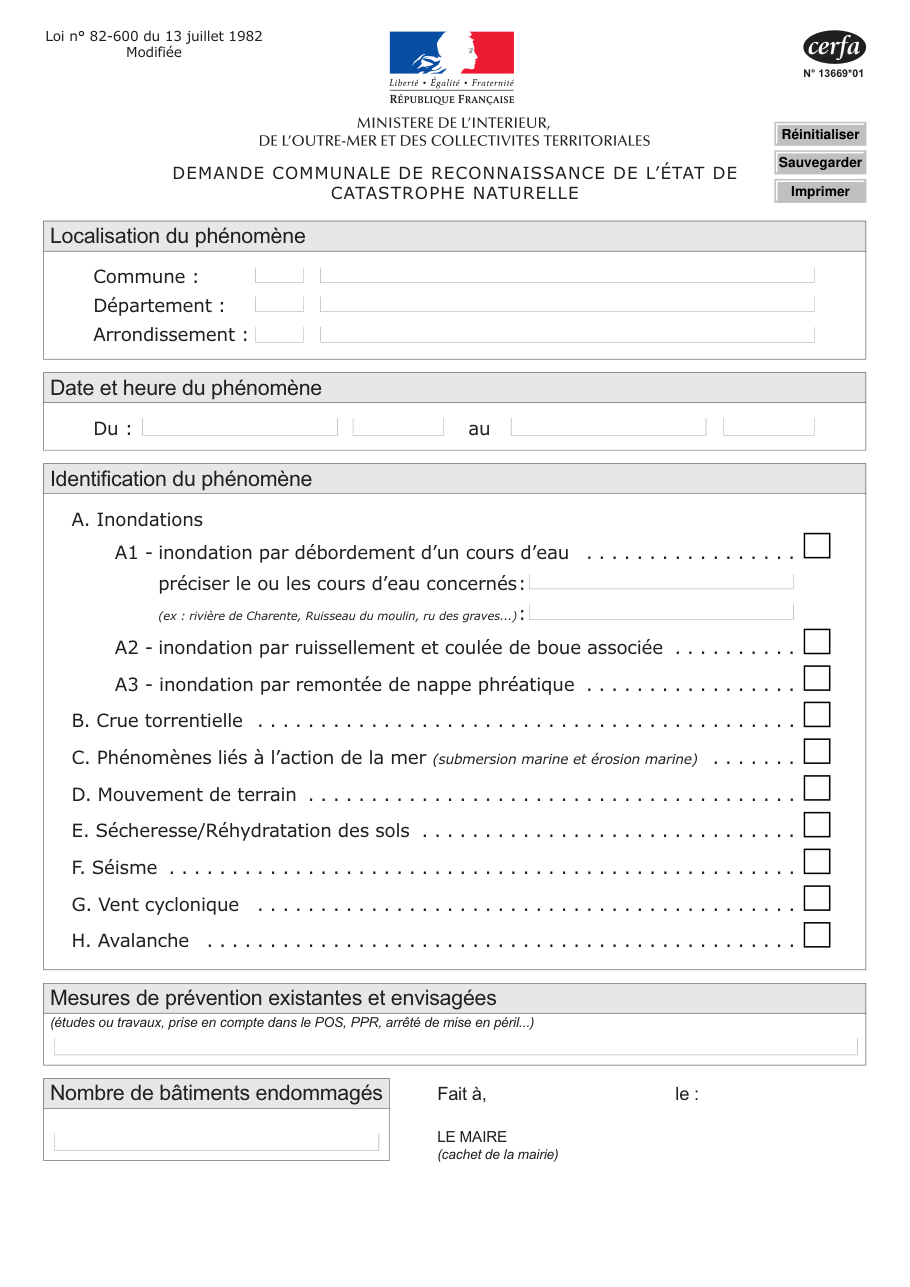 Page 1 du formulaire cerfa 13669 — Demande communale de reconnaissance de l'état de catastrophe naturelle