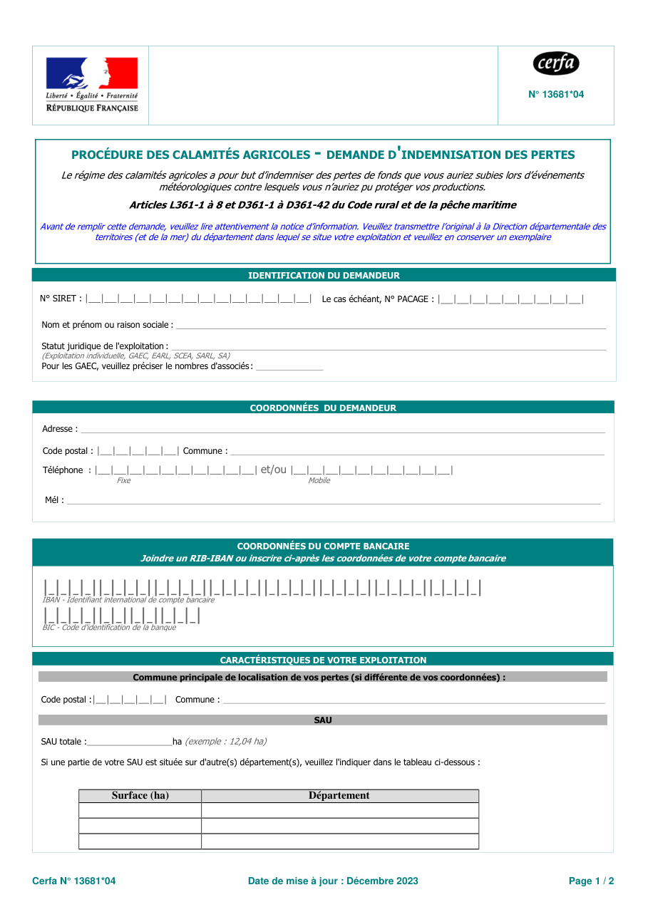 Page 1 du formulaire cerfa 13681 — Demande d'indemnisation des pertes – procédure des calamités agricoles