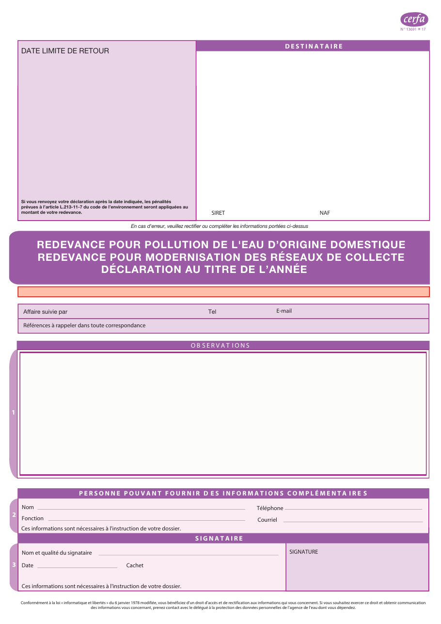 Page 1 du formulaire cerfa 13691 — Redevance pour pollution de l'eau d'origine domestique et redevance pour modernisation