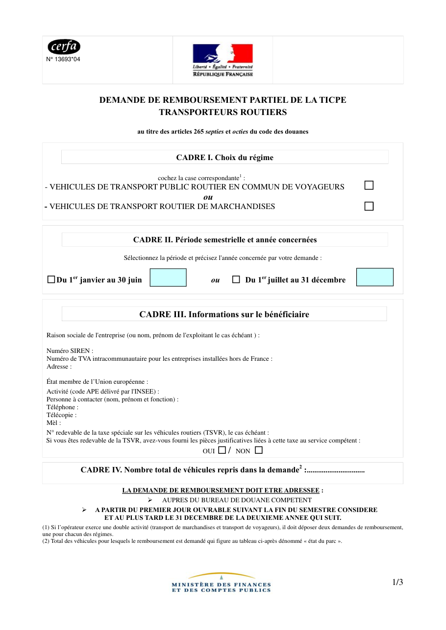 Page 1 du formulaire cerfa 13693 — Demande de remboursement partiel de la TICPE — transporteurs routiers