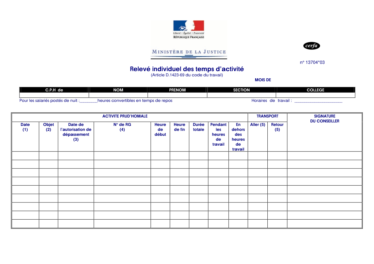 Page 1 du formulaire cerfa 13704 — Relevé individuel des temps d'activité