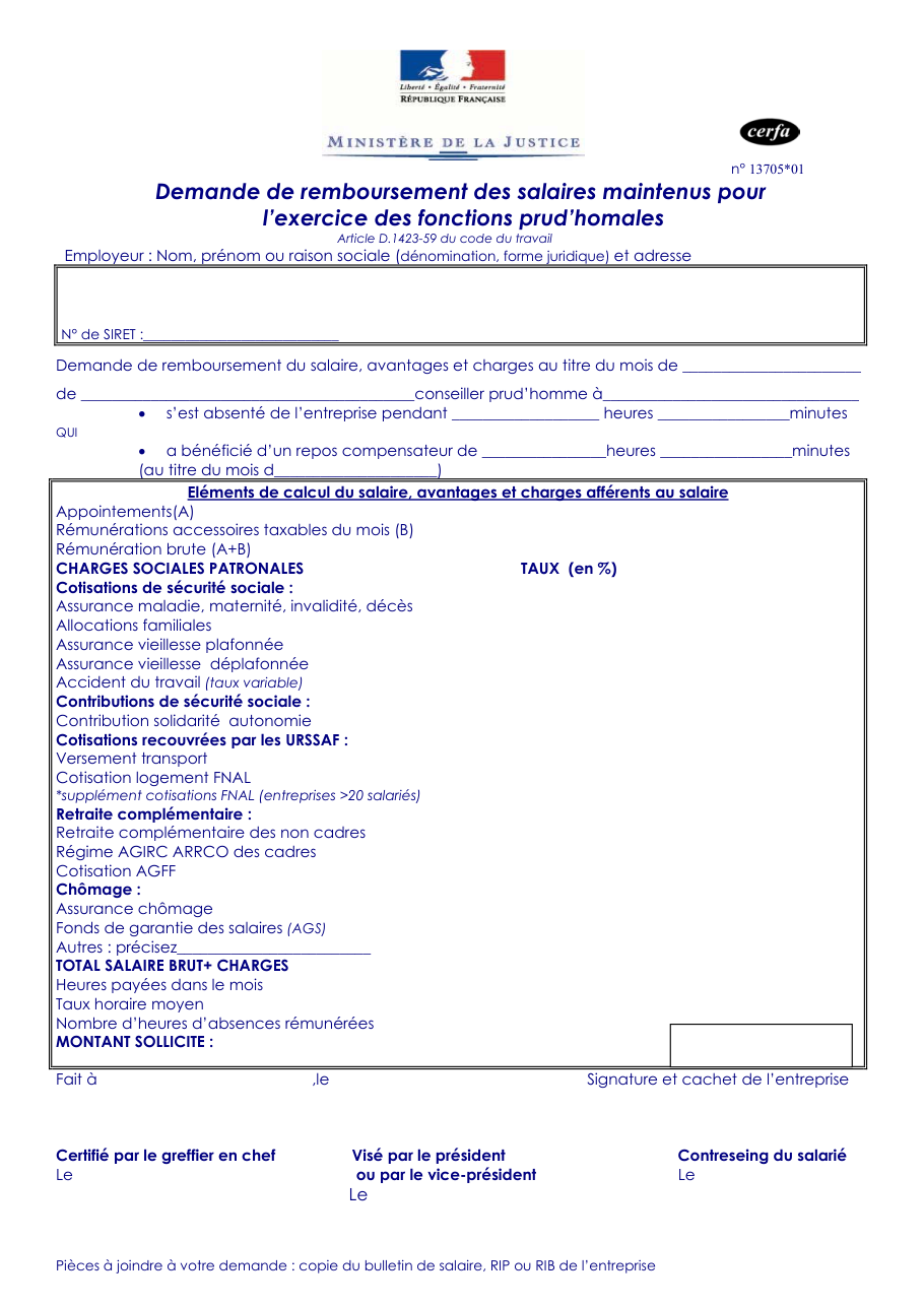 Page 1 du formulaire cerfa 13705 — Demande de remboursement des salaires maintenus pour l’exercice des fonctions