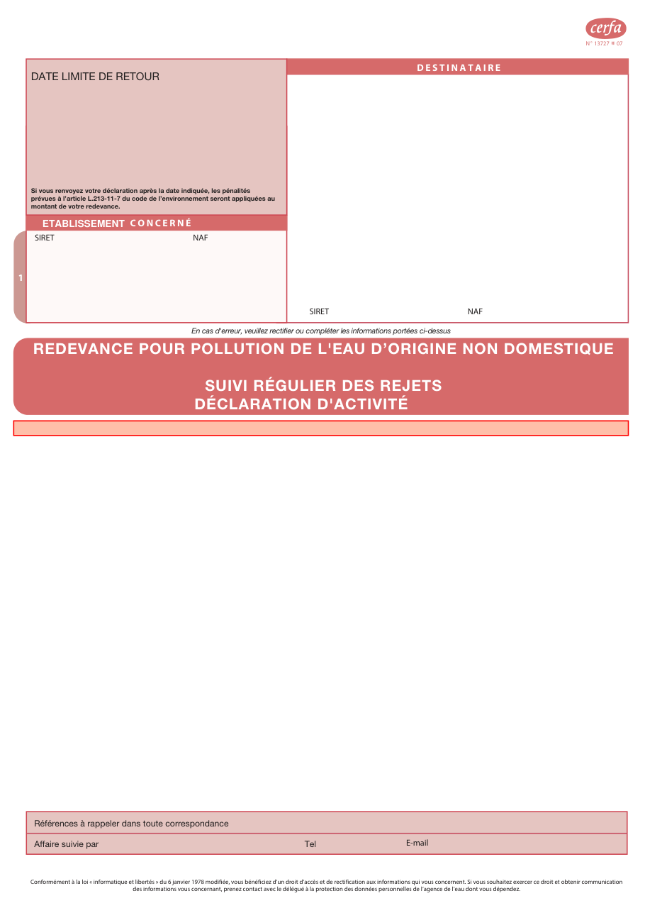 Page 1 du formulaire cerfa 13727 — Redevance pour pollution de l'eau d'origine non domestique : suivi régulier des rejets