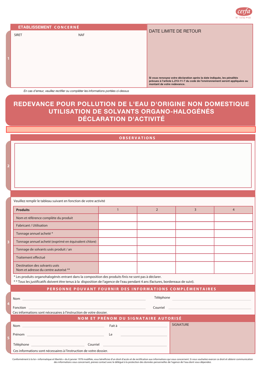 Page 1 du formulaire cerfa 13732 — Redevance pour pollution de l'eau d'origine non domestique — utilisation de solvants organo-halogénés