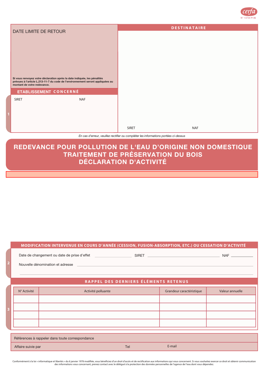 Page 1 du formulaire cerfa 13734 — Redevance pour pollution de l'eau d'origine non domestique, traitement de préservation