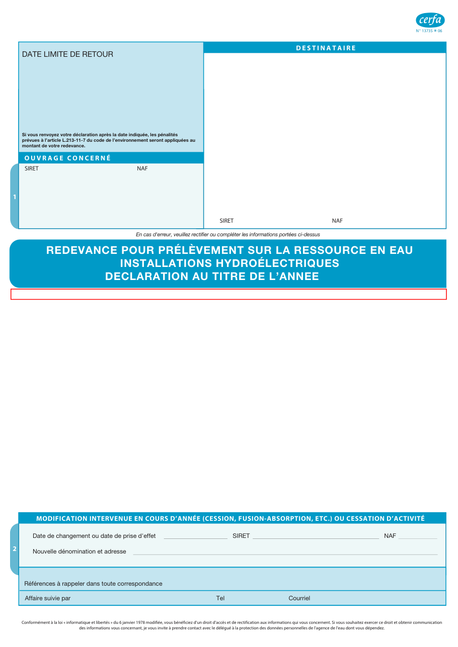 Page 1 du formulaire cerfa 13735 — Redevance pour prélèvement sur la ressource en eau — installations hydroélectriques
