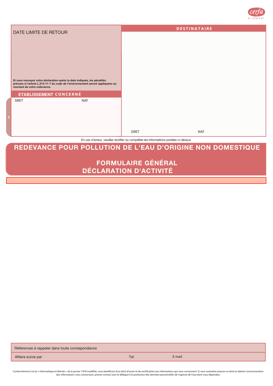 Page 1 du formulaire cerfa 13736 — Déclarer son activité pour la redevance de pollution de l'eau