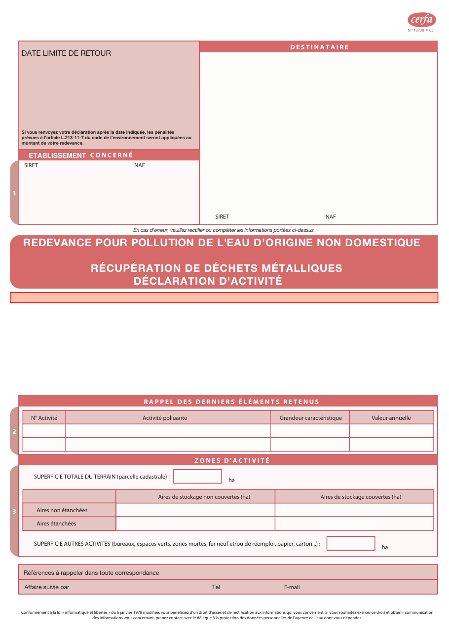 Page 1 du formulaire cerfa 13738 — Redevance pour pollution de l'eau d'origine non domestique - récupération de déchets