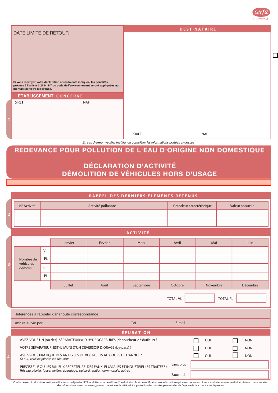 Page 1 du formulaire cerfa 13740 — Redevance pour pollution de l'eau d'origine non domestique — déclaration d'activité