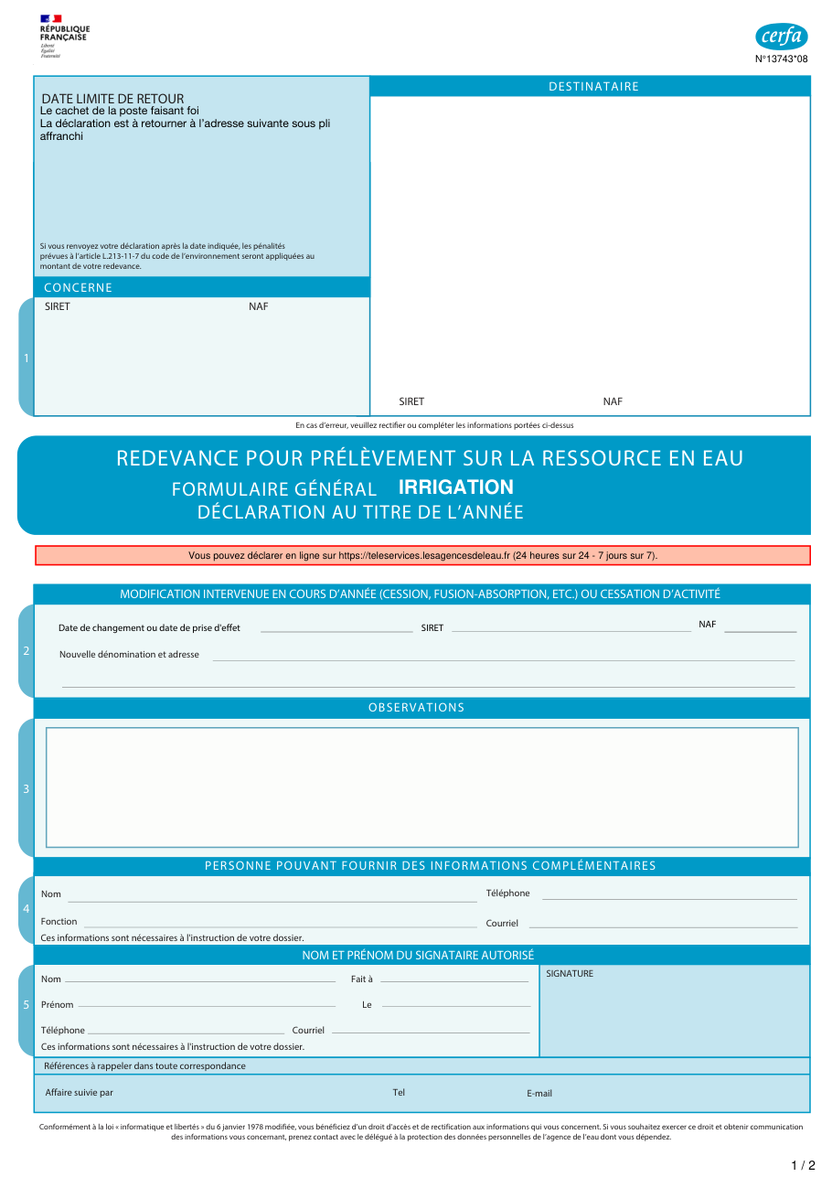 Page 1 du formulaire cerfa 13743 — Redevance pour prélèvement sur la ressource en eau