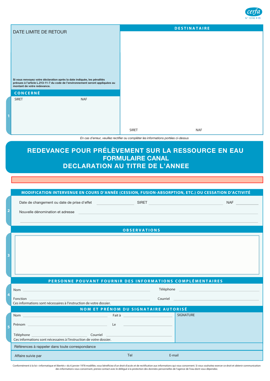 Page 1 du formulaire cerfa 13745 — Redevance pour prélèvement sur la ressource en eau — formulaire canal