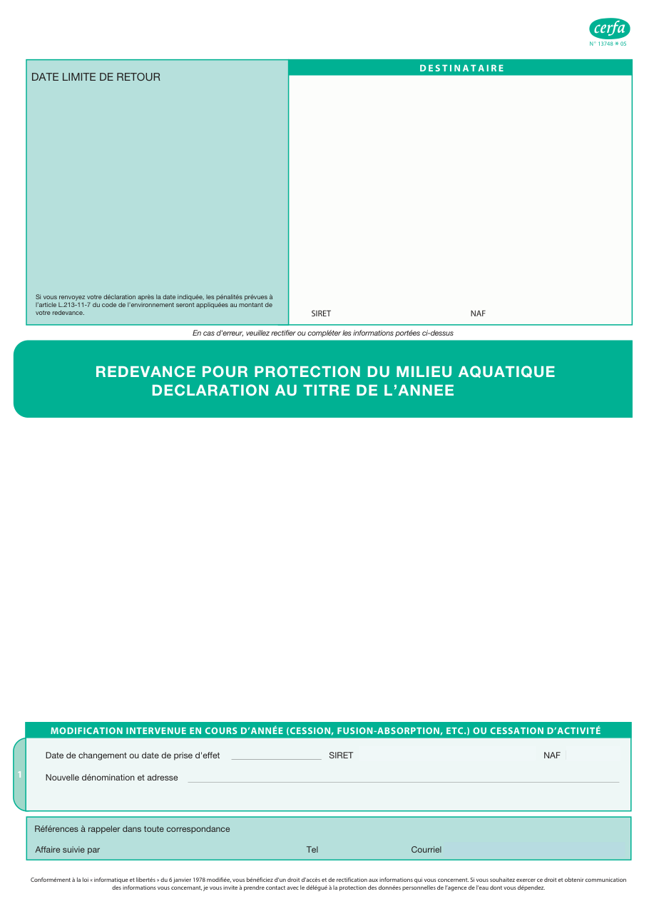 Page 1 du formulaire cerfa 13748 — Redevance pour protection du milieu aquatique : déclaration annuelle de pêche