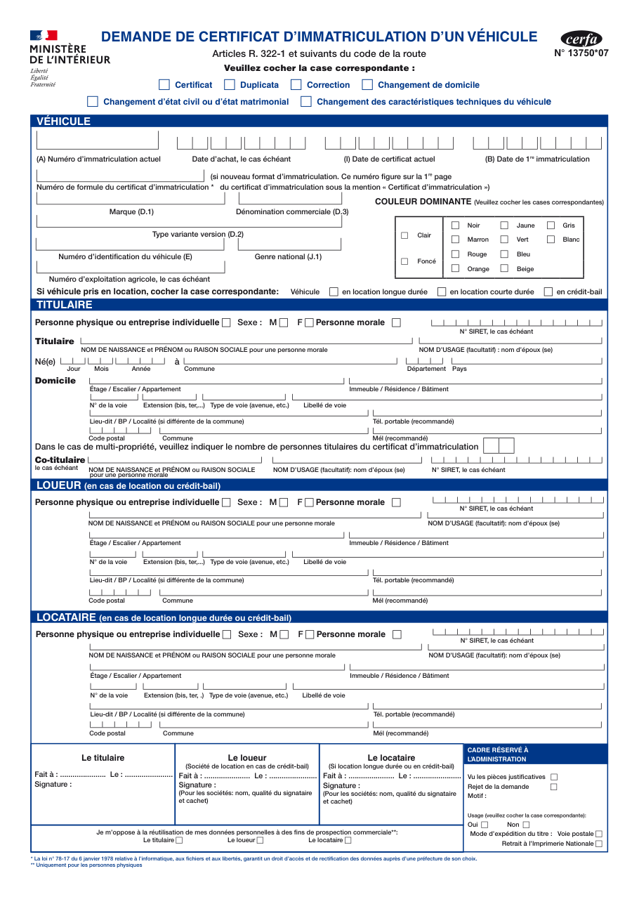 Page 1 du formulaire cerfa 13750*07 — Demande de certificat d'immatriculation (carte grise)