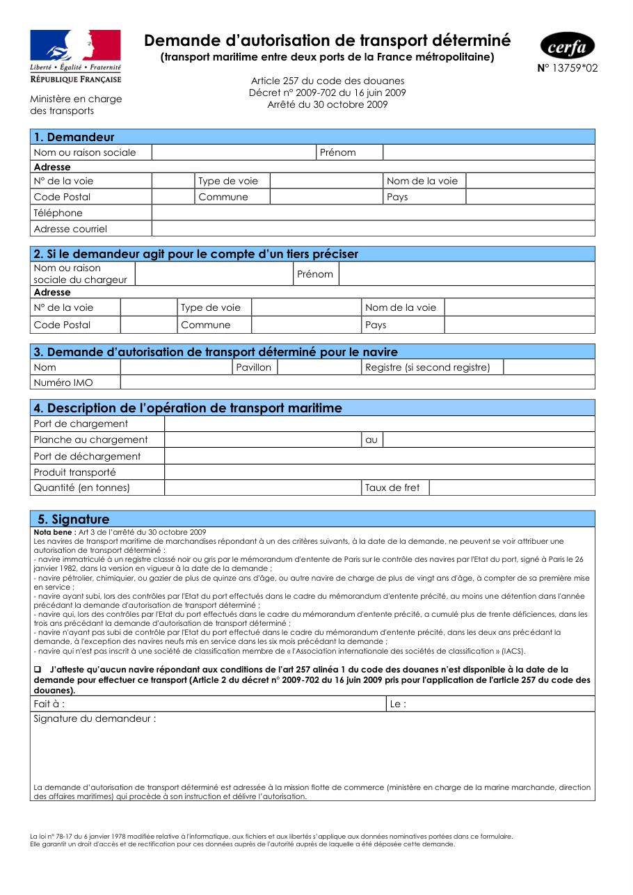 Page 1 du formulaire cerfa 13759 — Demande d'autorisation de transport déterminé