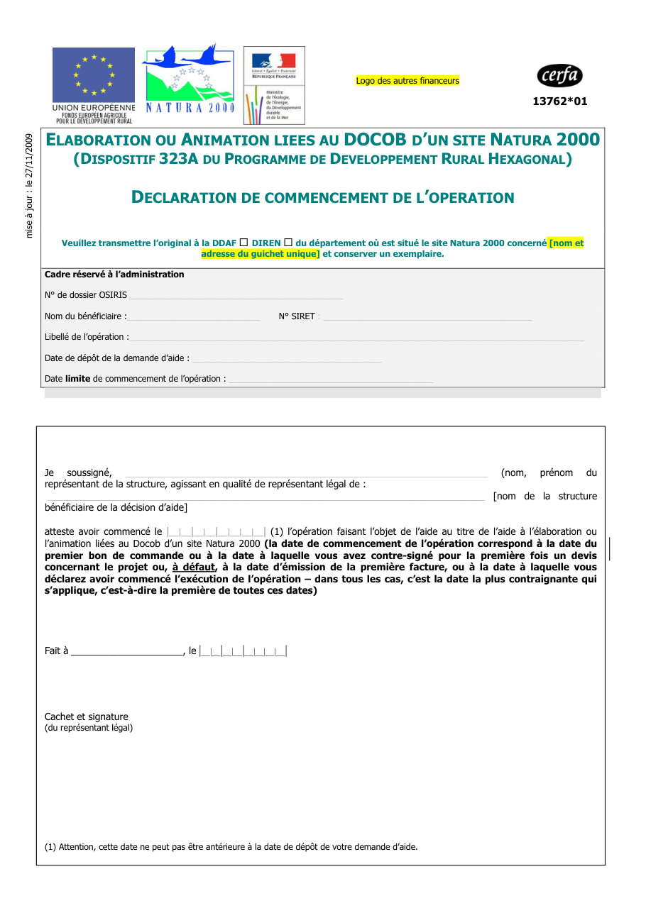 Page 1 du formulaire cerfa 13762 — Déclaration de commencement de l'opération – élaboration ou animation liées au Docob