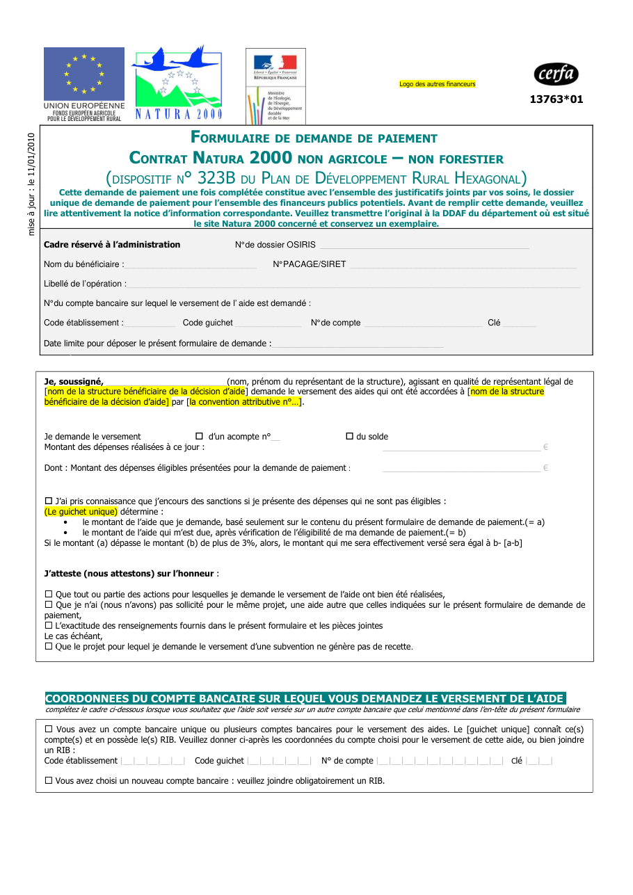 Page 1 du formulaire cerfa 13763 — Formulaire de demande de paiement — contrat Natura 2000 non agricole, non forestier