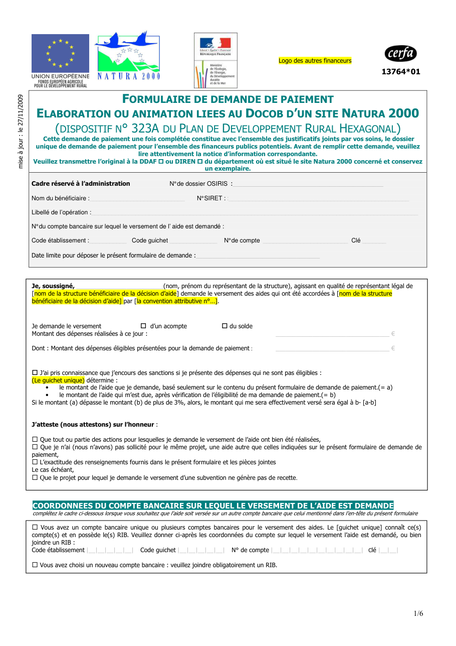 Page 1 du formulaire cerfa 13764 — Formulaire de demande de paiement — élaboration ou animation liées au DOCOB d'un site