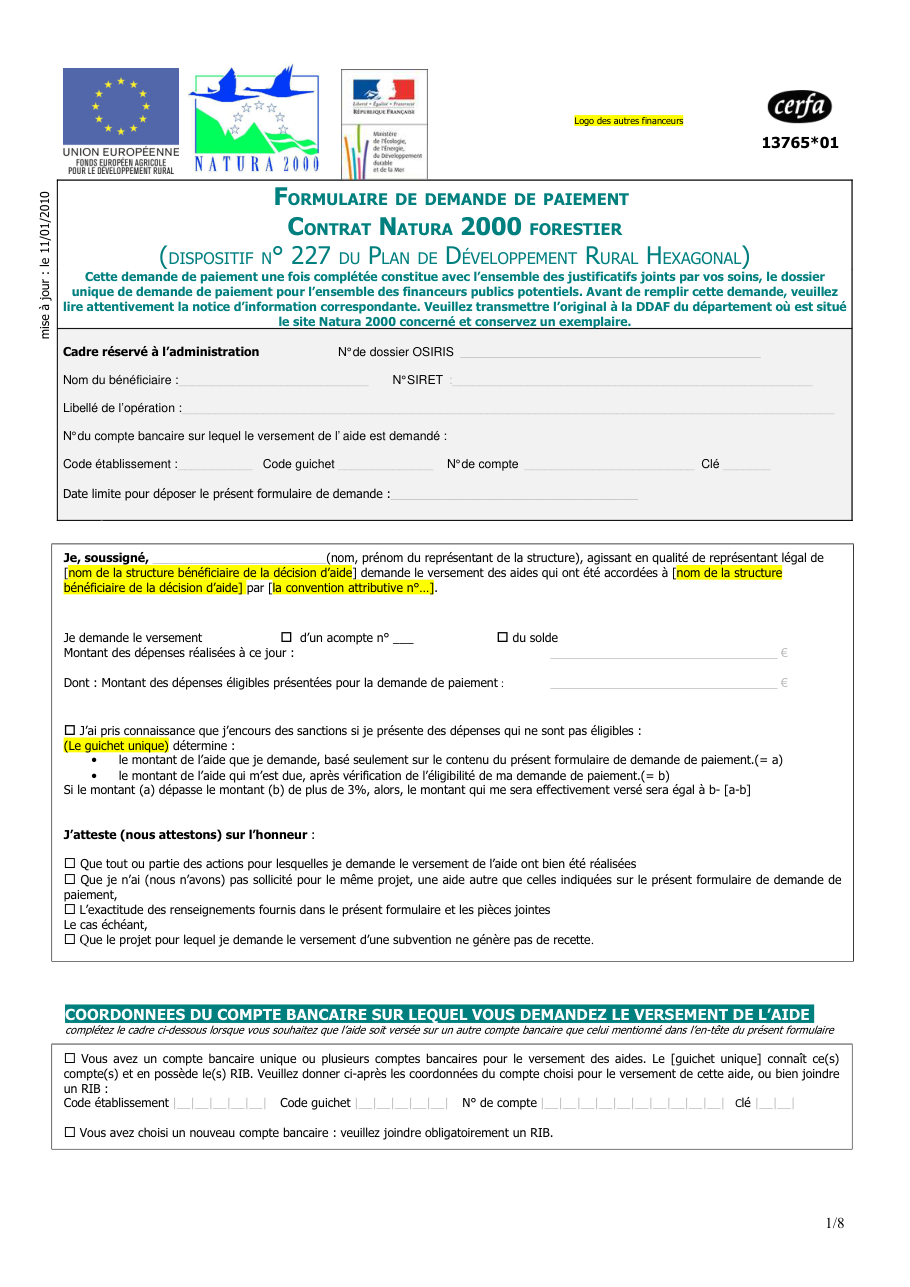 Page 1 du formulaire cerfa 13765 — Formulaire de demande de paiement, contrat Natura 2000 forestier