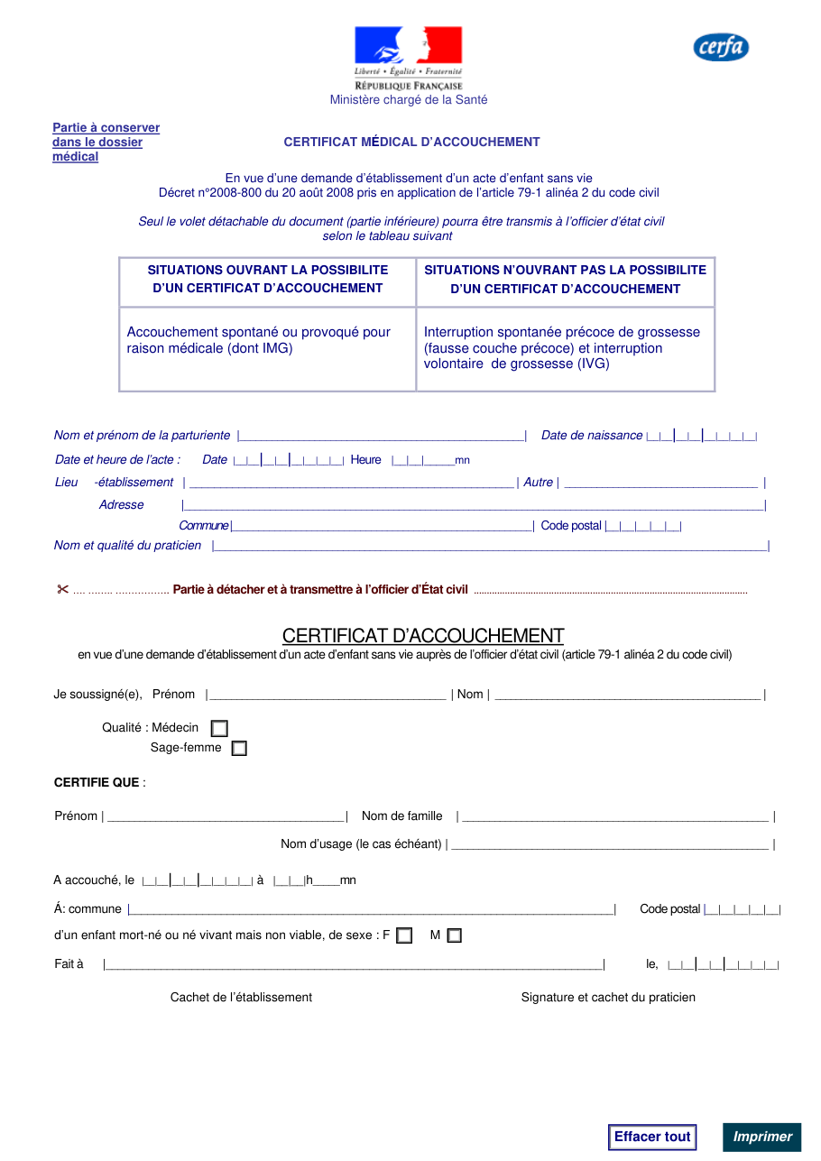 Page 1 du formulaire cerfa 13773 — Certificat d'accouchement en vue d'un acte d'enfant sans vie