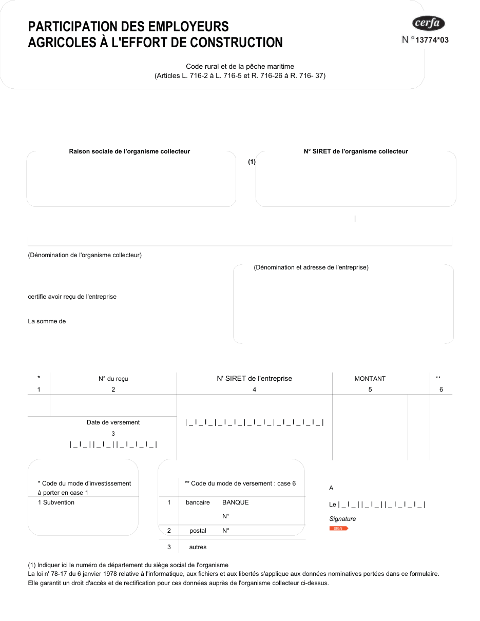 Page 1 du formulaire cerfa 13774 — Participation des employeurs agricoles à l'effort de construction