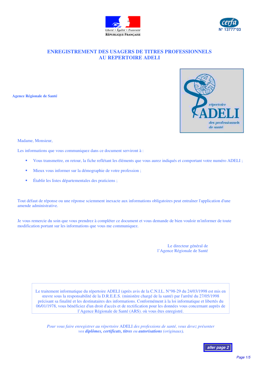Page 1 du formulaire cerfa 13777 — Enregistrement d'un titre professionnel au répertoire ADELI