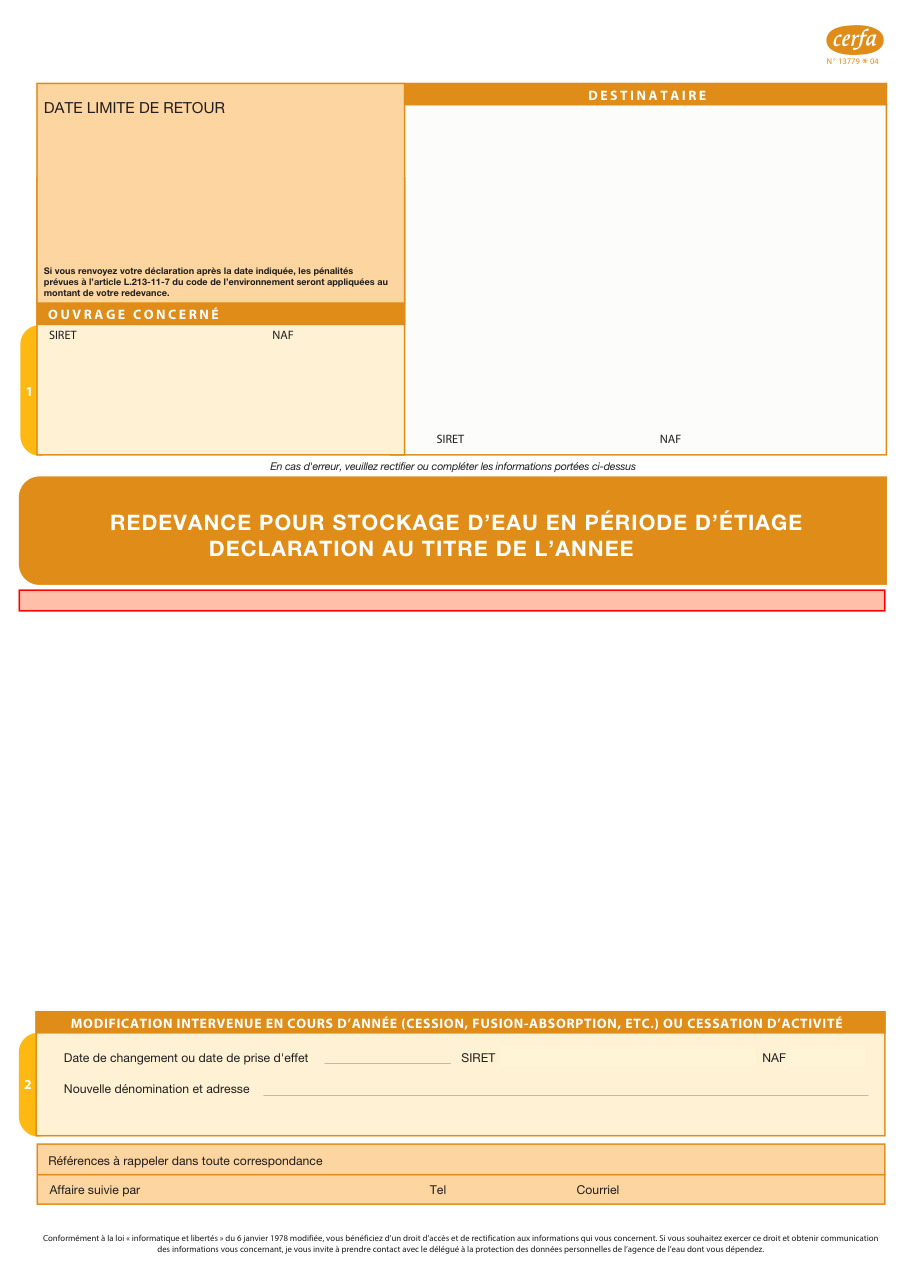 Page 1 du formulaire cerfa 13779 — Redevance pour stockage d'eau en période d'étiage - déclaration au titre de l'année