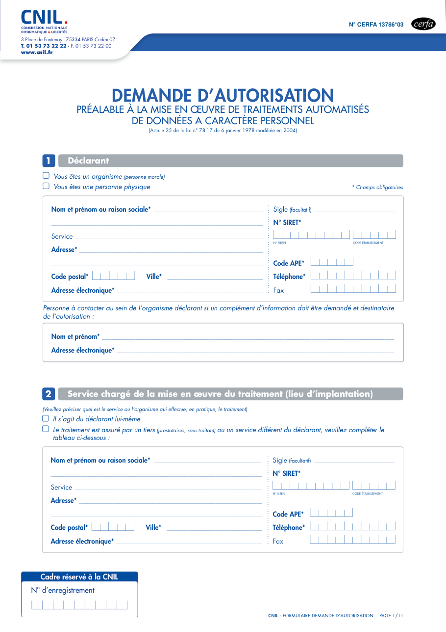 Page 1 du formulaire cerfa 13786 — Demande d'autorisation préalable à la mise en œuvre de traitements automatisés de données