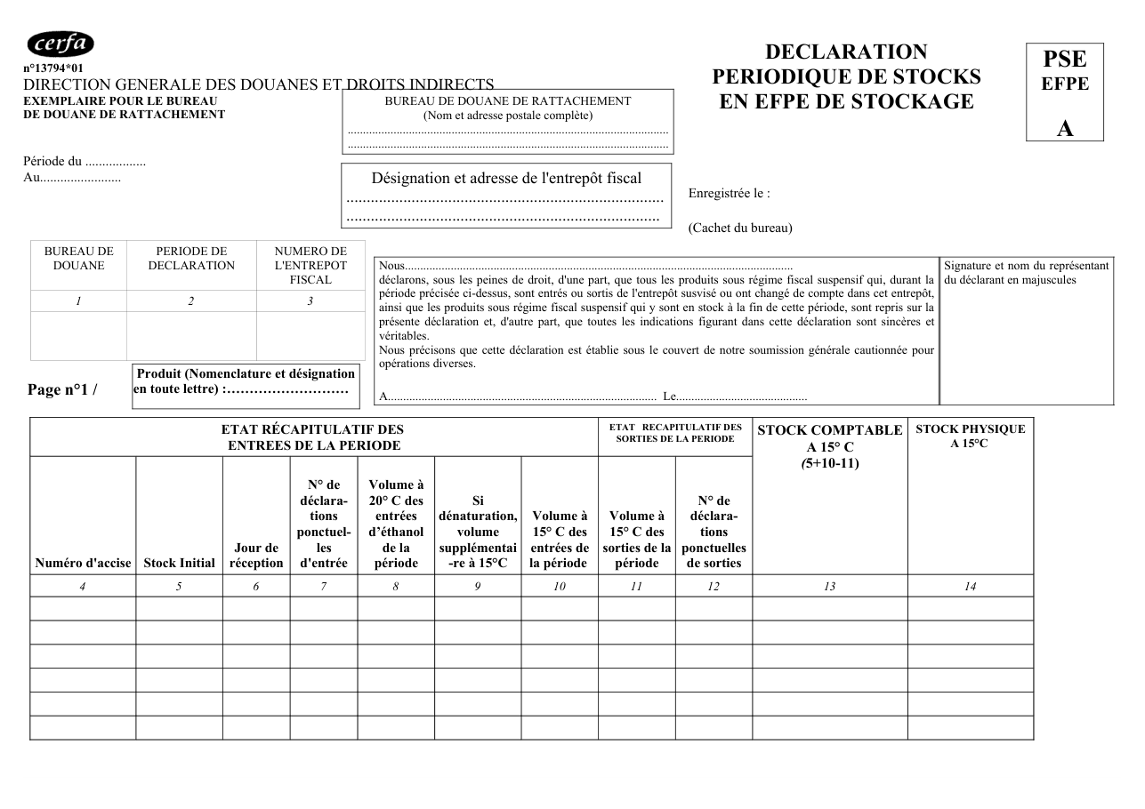 Page 1 du formulaire cerfa 13794 — Déclaration périodique de stocks en EFPE de stockage