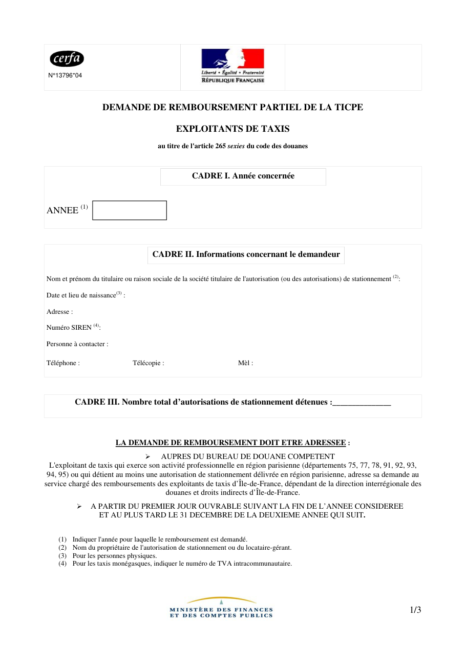 Page 1 du formulaire cerfa 13796 — Demande de remboursement partiel de la ticpe exploitants de taxis