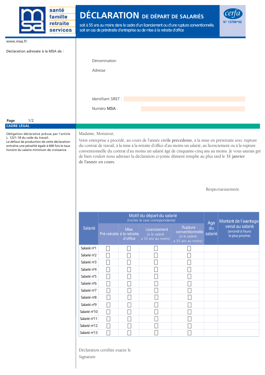 Page 1 du formulaire cerfa 13799 — Déclaration de départ de salariés