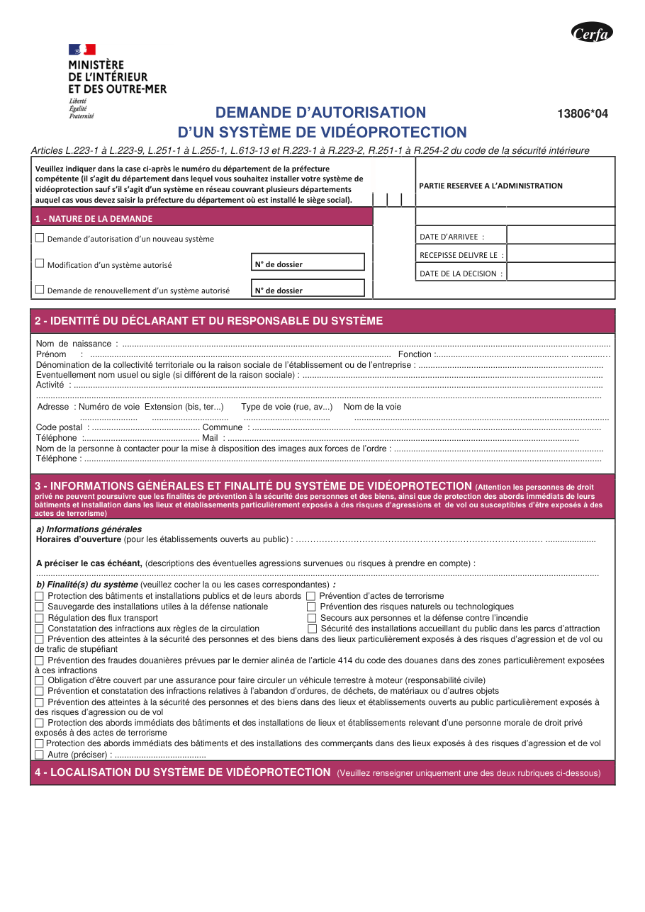 Page 1 du formulaire cerfa 13806 — Demande d’autorisation d’un système de vidéoprotection
