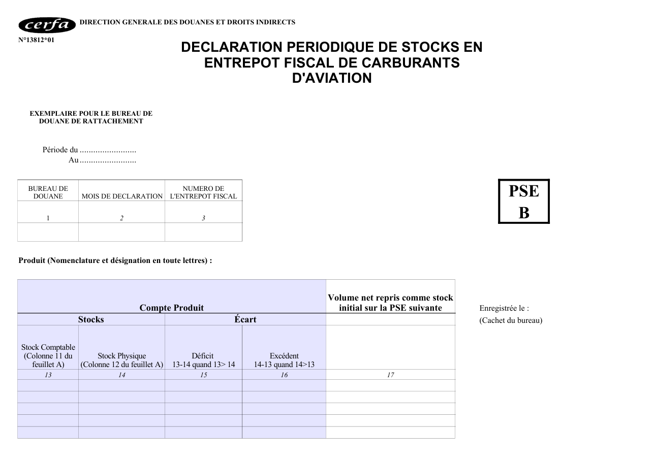 Page 1 du formulaire cerfa 13812 — Déclaration périodique de stocks en entrepôt fiscal de carburants