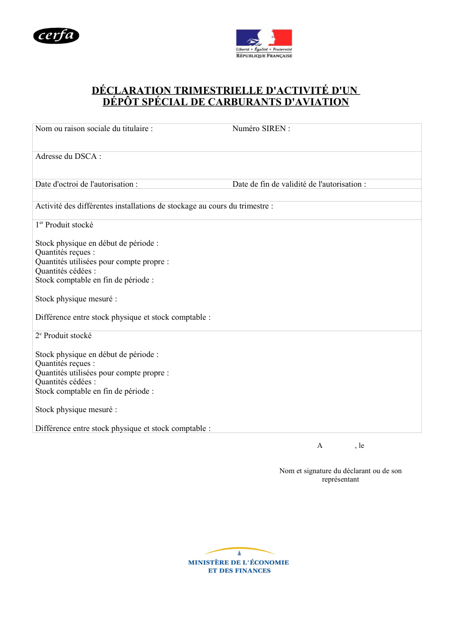 Page 1 du formulaire cerfa 13814 — Déclaration trimestrielle d'activité d'un dépôt spécial de carburants d'aviation