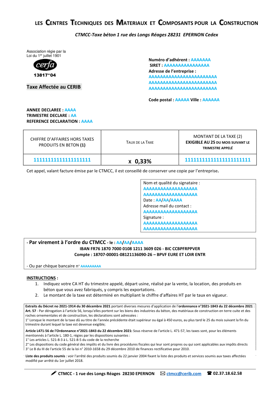 Page 1 du formulaire cerfa 13817 — Déclaration trimestrielle de la taxe affectée aux centres techniques des matériaux