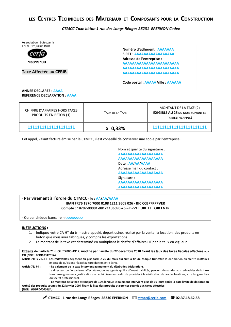 Page 1 du formulaire cerfa 13819 — Déclaration trimestrielle de la taxe affectée au CERIB