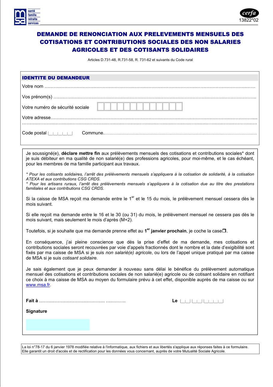 Page 1 du formulaire cerfa 13822 — Demande de renonciation aux prélèvements mensuels des cotisations et contributions sociales des non salaries