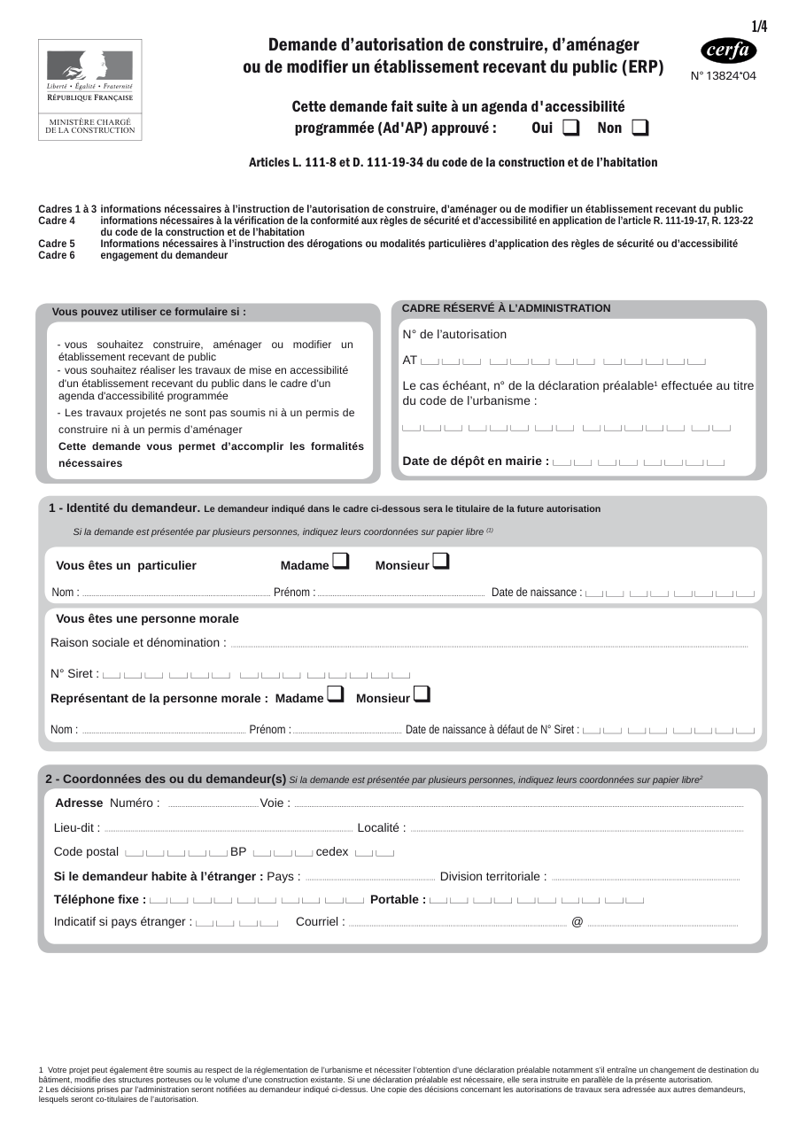 Page 1 du formulaire cerfa 13824 — Demande d'autorisation de construire, d'aménager ou de modifier un établissement recevant