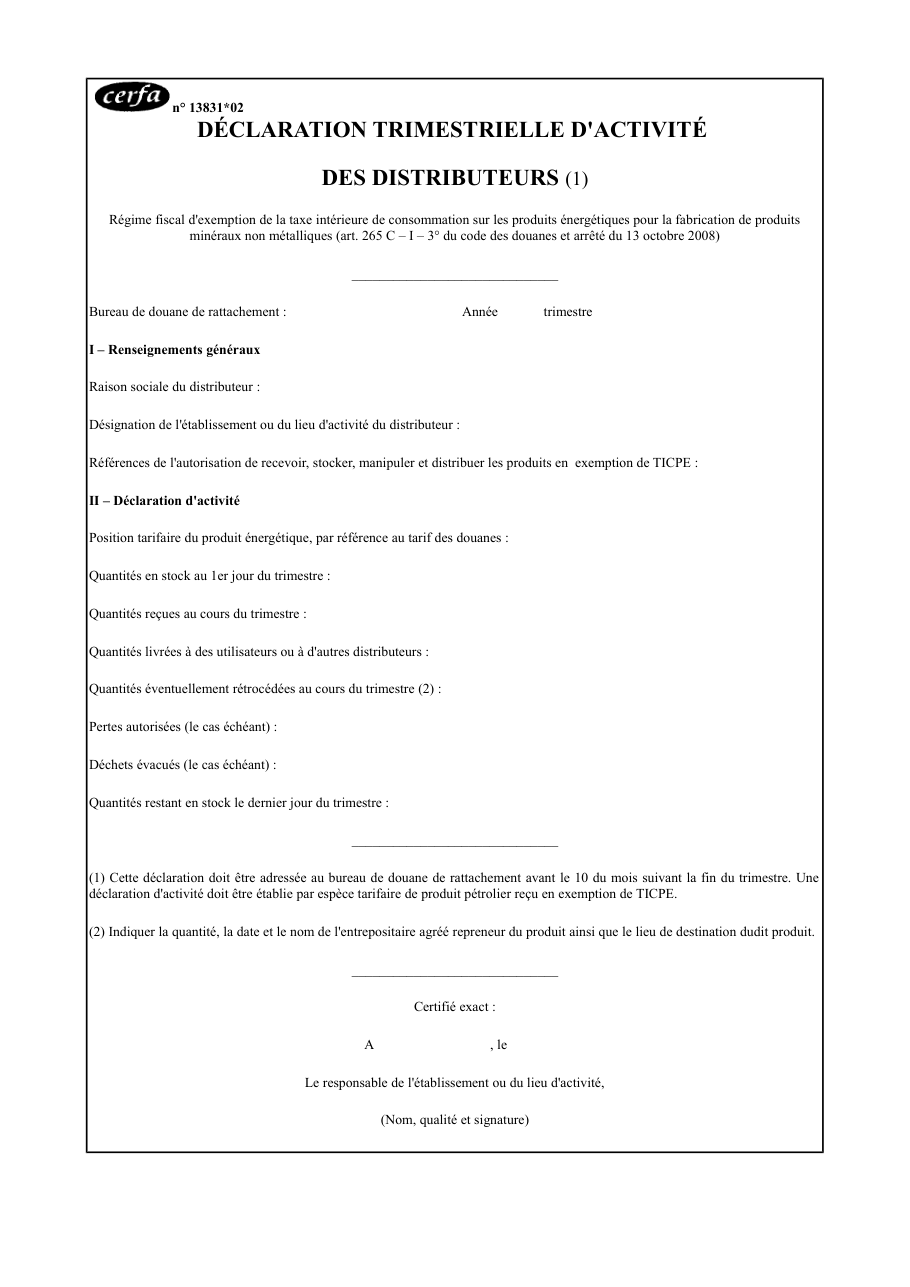 Page 1 du formulaire cerfa 13831 — Déclaration trimestrielle d'activité des distributeurs
