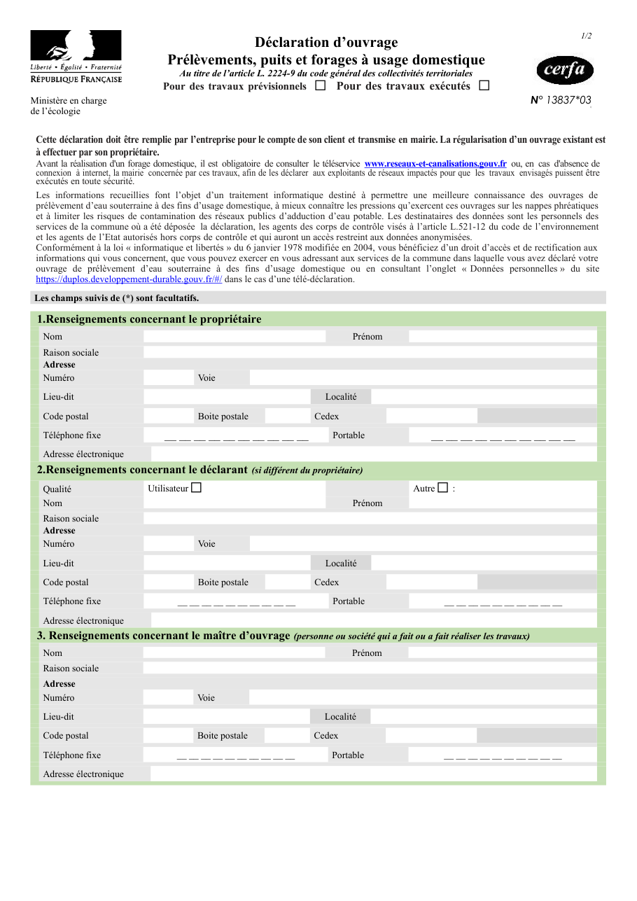 Page 1 du formulaire cerfa 13837 — Déclaration d'ouvrage prélèvements, puits et forages à usage domestique