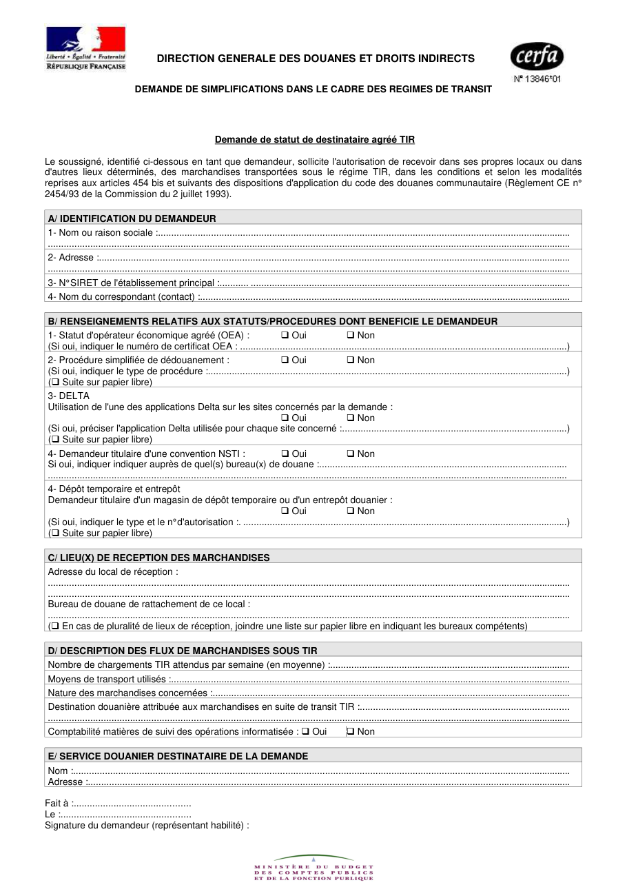 Page 1 du formulaire cerfa 13846 — Demande de statut de destinataire agréé TIR