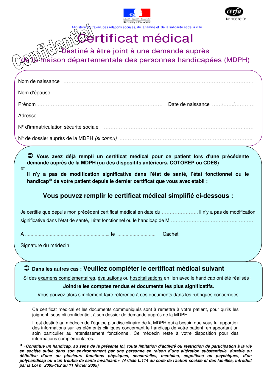 Page 1 du formulaire cerfa 13878 — Certificat médical