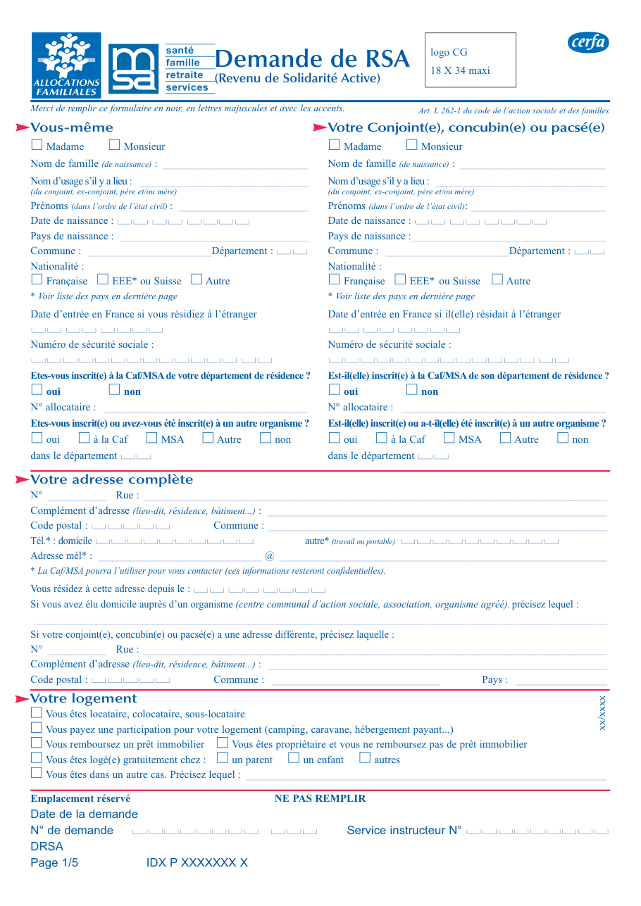 Page 1 du formulaire cerfa 13880 — Demande de Revenu de Solidarité Active (RSA)
