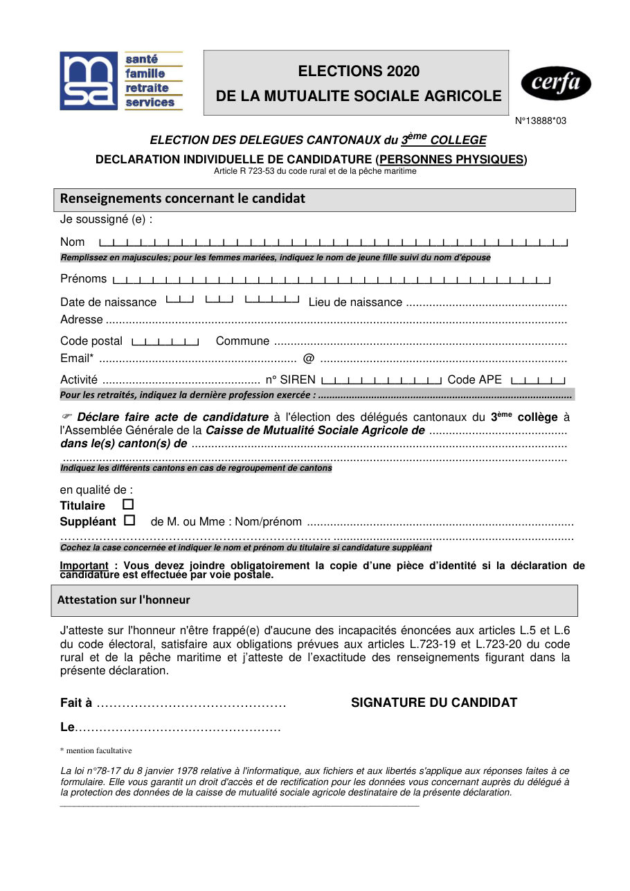 Page 1 du formulaire cerfa 13888 — Déclaration individuelle de candidature aux élections des délégués cantonaux