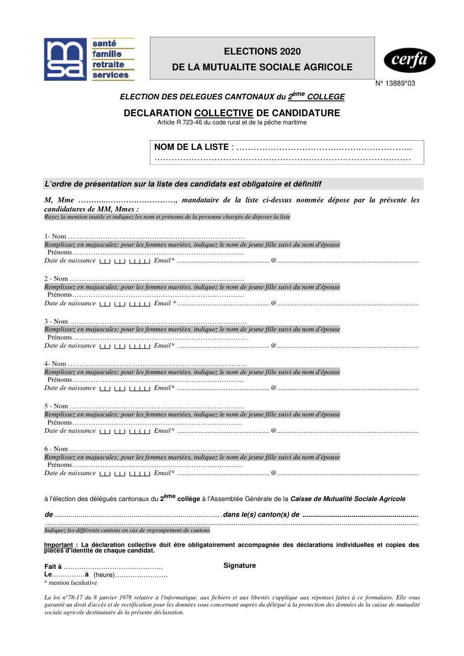 Page 1 du formulaire cerfa 13889 — Élections 2020 de la Mutualité sociale agricole — déclaration collective de candidature